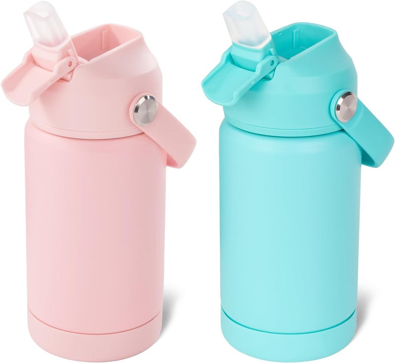 Kerilyn 12oz Kids Water Bottle 2 Pack, Stainless Steel Insulated Water Bottle Bulk, Toddler Cups with Straws Leak-Proof, Kids Water Bottles for School Boys Girls, BPA Free, Pink+Green 2 Piece Set - Image 1